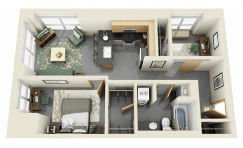 Floor plan for 1 bed, 1 bath, 793 sqft